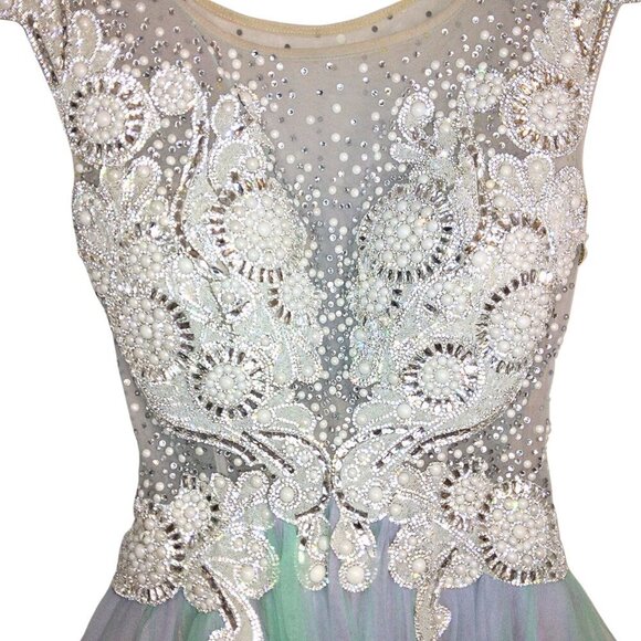 FORMAL TEAL & PURPLE TULLE BALLGOWN W/CRYSTAL & PEARL BODICE EVENING DRESS - Picture 3 of 11